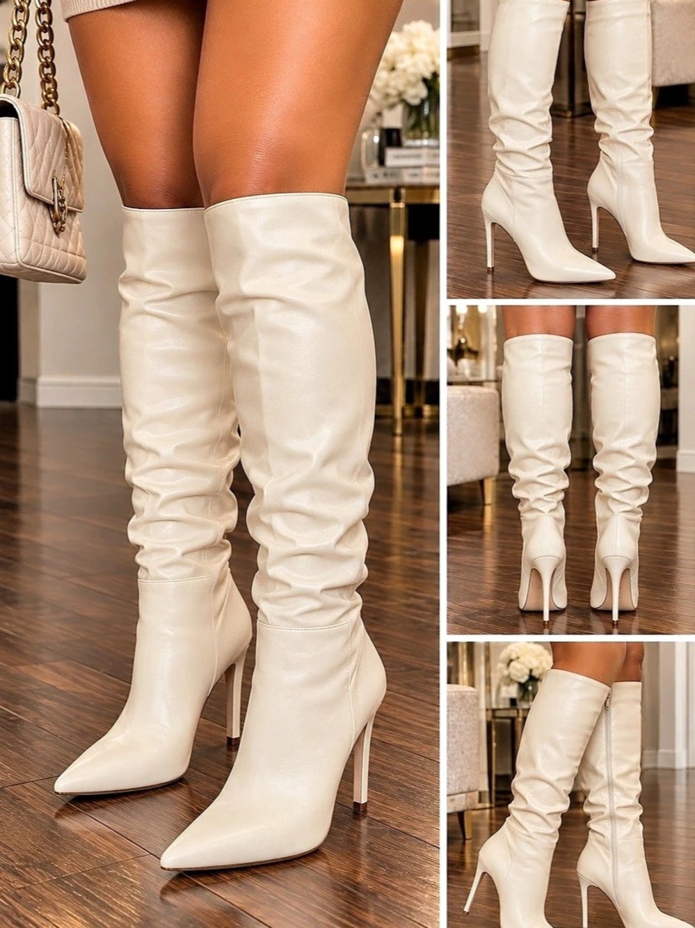 Pointed Toe Ruched Heeled Boots in White Like New